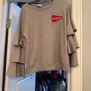 Gray Ruffle Sleeve Top with Sooners Patch